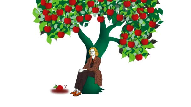 物理学的例证 艾萨克 牛顿对重力的发现 苹果在重力作用下坠落地球 万有引力定律 艾萨克爵士最优秀的思想 万有引力定律 — 图库视频影像