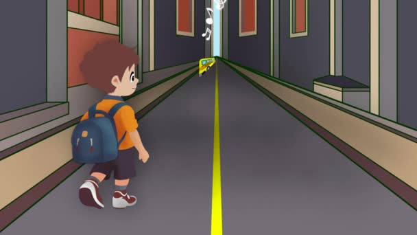Okula Geri Dönmek Sırt Çantalı Çocuğun Okula Gitmesi Okul Otobüsü — Stok video
