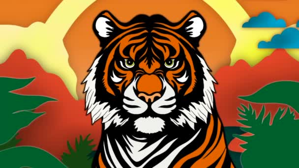 Tigris Rajzfilm Színes Tigris Fröccsenő Színes Festék Állati Fej Portré — Stock videók