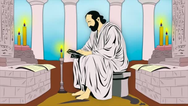 古希腊哲学家读经一位年迈的学者专心致志地读着 中世纪僧侣坐在那里读着一本书或 亚里士多德肖像画 — 图库视频影像