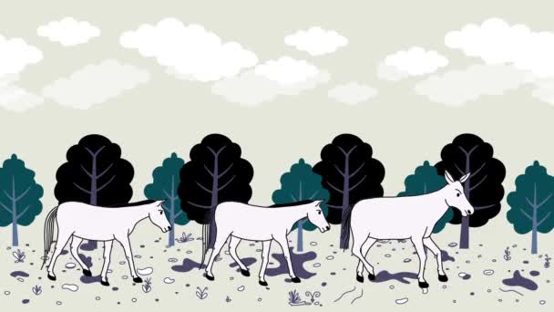 Eşekli Animasyon Kırsalda Yürüyüşü Animasyon Kırsalda Atla Manzara Vahşi Doğada — Stok video
