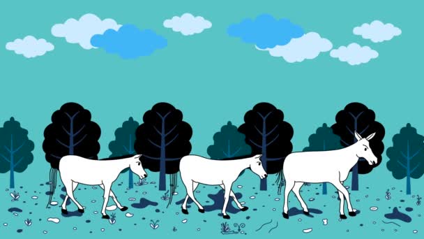 Animation Donkeys Horse Walking Countryside Animation Landscape Horse Countryside Cartoon — Stock Video