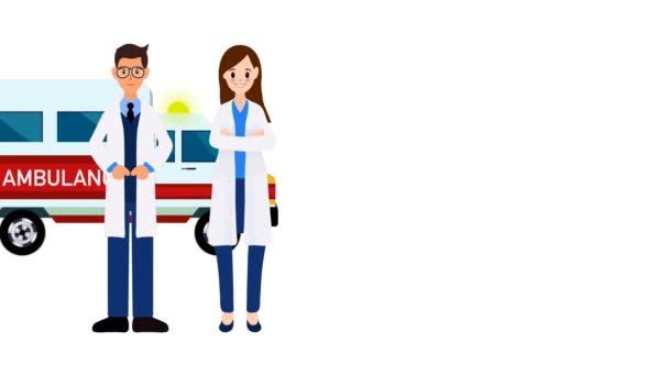 Akutsjukvård Multicolor Läkare Och Sjuksköterska Kvinnliga Och Manliga Läkare Akutfordon — Stockvideo