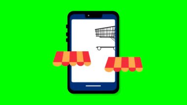 Bilgisayarın, online alışverişin, pazarlama platformunun, teknolojinin, ekommerce 'nin, nakliyenin, online ödemenin, yeşil ekranın önünde duran minyatür alışveriş arabasıyla çevrimiçi alışveriş kavramı