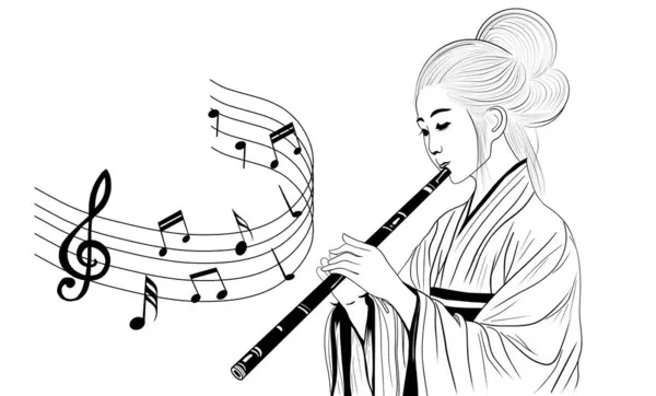 Asian woman is playing the flute, Oriental style painting. Hand drawing illustration with beautiful oriental woman, An Ancient Chinese Beauty Playing A Chinese Flute