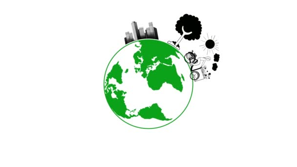 骑自行车环游世界的女性动画片骑自行车环游地球 带着生态符号的旋转星球的未来 可再生的替代绿色服务或回收产品 — 图库视频影像