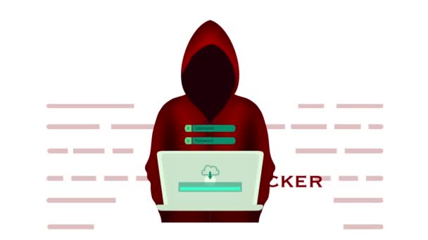 使用笔记本电脑 黑客犯罪安全互联网 互联网和个人数据黑客攻击概念 网站登陆页面 计算机黑客试图黑客攻击安全的红色阴影下的匿名黑客 — 图库视频影像