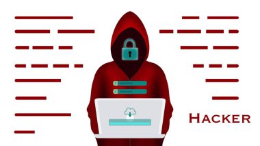 Kırmızı gölgelerde dizüstü bilgisayar kullanan meçhul hackerlar, güvenlik interneti, kişisel veri korsanları saldırı konsepti, web sitesi iniş sayfası, güvenliği hacklemeye çalışan hackerlar.