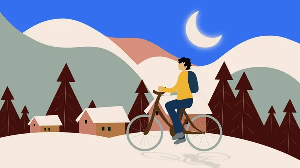 cycling exercise, Man riding bicycle in city, simple cartoon, perfect loop, cycling along road, riding bicycle along city, student riding bike along urban street in city, winter season