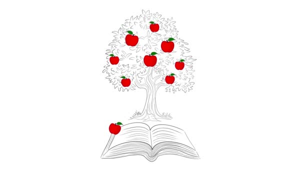 地球动漫的万有引力 万有引力 落苹果 艾萨克 牛顿的普世法则 砍倒红苹果树 退一步 时间表 重量和质量实验 — 图库视频影像