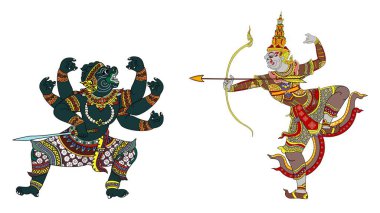 Ravana Ramayana 'da askerlere karşı ok atıyor, Happy Dussehra, Mutlu Dussehra Hindistan Festivali, Lord Krishna, Hindu tanrısı, Mahabharata savaşçısı, antik boyalı fresk, Ravana maskeli taç