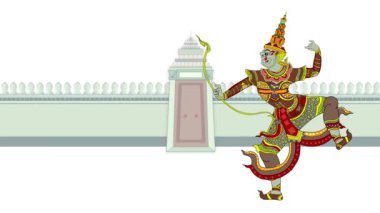 Ravana Ramayana 'da askerlere karşı ok atıyor, Happy Dussehra, Mutlu Dussehra Hindistan Festivali, Lord Krishna, Hindu tanrısı, Mahabharata savaşçısı, antik boyalı fresk, Ravana maskeli taç