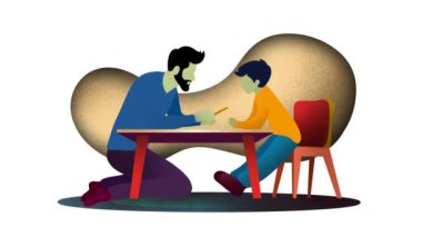 Bir baba ve oğlu evde çalışıyor, babası evde dizüstü bilgisayar kullanıyor, babası ev ödevlerinde oğluna yardım ediyor, baba ve çocukları oturma odasında oyun oynuyor, eğlence ve öğrenim görüyor.