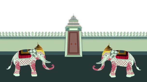 泰象真泰国织物图案 泰寺象 庙宇中装饰过的印度象 五彩斑斓的象 百合花的地标 松克兰节 — 图库视频影像