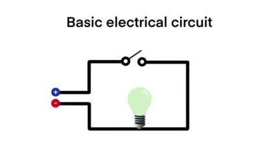 Akü lambası elektrik devre diyagramı, temel elektrik devre deneyi, elektrik devresi, doğrudan akım, voltaj sabit.