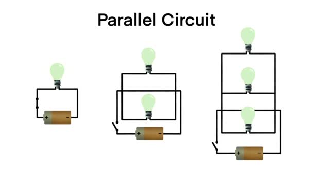 並列電気回路図 シリアルおよび並列電池はワイヤー 回路の科学実験 並列の抵抗の協会 抵抗器 電圧を示しています — ストック動画