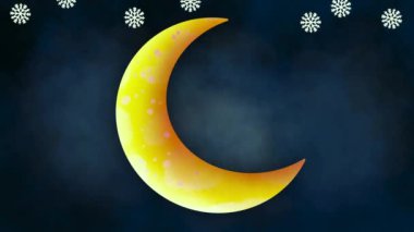 Büyülü peri, sakin bir atmosferle Hilal ayının üzerinde oturan bir melek kanatlarını zarafetle sarıyor. Bir bardak dolusu kalbi ve sevgisi var, ayda Noel Baba, cennette Melek