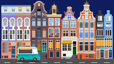 Amsterdam 'daki evler, Amsterdam' daki eski binalar. Ünlü Hollanda kanalları ve büyük şehir manzarası, eski Avrupa kenti bahar manzarası, Hollanda 'nın Gece Şehir manzarası