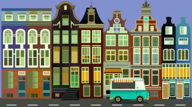 Amsterdam 'daki evler, Amsterdam' daki eski binalar. Ünlü Hollanda kanalları ve büyük şehir manzarası, eski Avrupa kenti bahar manzarası, Hollanda 'nın Gece Şehir manzarası