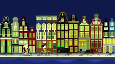Amsterdam 'daki evler, Amsterdam' daki eski binalar. Ünlü Hollanda kanalları ve büyük şehir manzarası, eski Avrupa kenti bahar manzarası, Hollanda 'nın Gece Şehir manzarası, bisiklet kenti