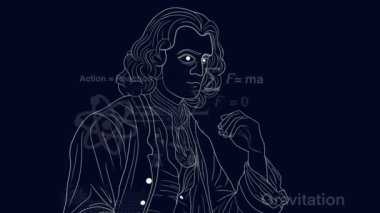 Bilim tarihi, konsept, Isaac Newton ve fizik, Sir Isaac Newton 'un çizgi film karakteri, kütle zaman ivmesine eşittir. Fizik eğitimi kavramı