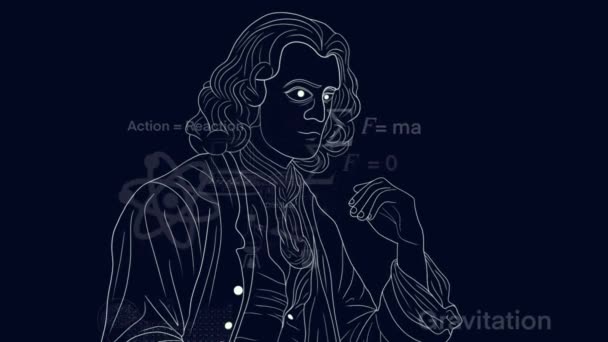 Історія Науки Концепція Ісаак Ньютон Фізика Карикатурний Персонаж Сера Ісаака — стокове відео