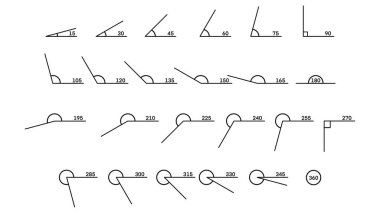 farklı açı dereceleri, ölçü ve geometrik matematik, Eğitim okulu öğrenimi, Geometrik sembol, Matematiksel öğeler, farklı açılar derece seti