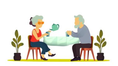 Büyükanne ve büyükbaba, mutfak masasında oturan ve birlikte çay ya da kahve içen yaşlı çift, yaşlı kadınlar, arkadaşlar ve arkadaşlarıyla birlikte huzurevinde, aile hayatında çay içiyorlar.