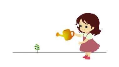 Çiçekleri sulayan genç bir kız, su bidonuyla sevimli komik bir genç kadın, bahçedeki çiçekleri sulayan mutlu bir kadın, bahçedeki konserve sulama, eko yeşili.