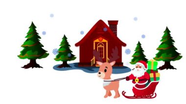 Kızağa binen Noel Baba, kızakla çekilen Noel Baba, geyikler tarafından çekilen Noel Baba, gece kar, mutlu noeller, mutlu noeller yatay bayramlar, kış tatili konsepti