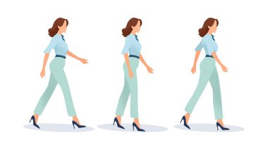 İş kızı yan manzarada yürüyor, kız yürüyüşü bisiklet animasyonu, 2D karakter, hareket grafikleri, karikatür kadınları şık ve resmi ofis kıyafetleri içinde