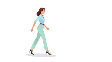 İş kızı yan manzarada yürüyor, kız yürüyüşü bisiklet animasyonu, 2D karakter, hareket grafikleri, karikatür kadınları şık ve resmi ofis kıyafetleri içinde