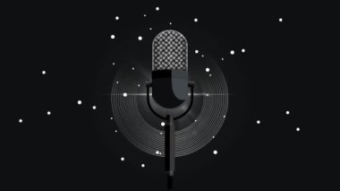 Radyo istasyonunda canlı yayın yapan profesyonel mikrofon, mikrofon, stüdyoda yayınlanan Happy radyo sunucusu, canlı yayın için kulaklık ve mikrofonlu bir podcast.