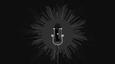 Radyo istasyonunda canlı yayın yapan profesyonel mikrofon, mikrofon, stüdyoda yayınlanan Happy radyo sunucusu, canlı yayın için kulaklık ve mikrofonlu bir podcast.