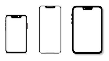 Saydam ekranlı akıllı telefon modelleri, akıllı telefon model koleksiyonu, Aygıt ön görünümü, boş ekranlı cep telefonu, telefon görüntüsü, sosyal medya tanıtımı, reklam 