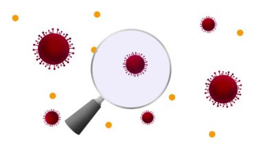 Bakteri ve virüsü gösteren büyüteç, büyüteç altındaki virüsler, tehlikeli patojenler ve virüsler, okul eğitimi, virüs parçacıklarının mikroskobik görünümü