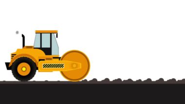 İnşaat alanında çalışan bir yol silindiri, büyük sarı bir buharlı silindir, sıcak asfaltı düzleştirmiş. Yeni bir yol inşa eder, buharlı silindir sıcak asfaltı sıkıştırmak için yeni asfalta dönüşür.