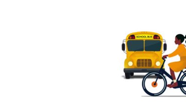 Yeşil Tahta Geçmişli Okul Afişi 'ne, okul sınıfında tebeşirle boyanmış büyük yeşil bir tahta, sarı klasik okul otobüsü, Amerikan eğitimi, öğrenci okula gidiyor.