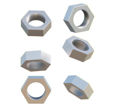 Kadın vidaları, vidaları ve cıvataları olan metal somunları, dağılmış metal fındıkları, beyaz arka planda izole edilmiş çelik fındıkları, gerçekçi altıgen ceviz ikonları, metal kadın vidaları.