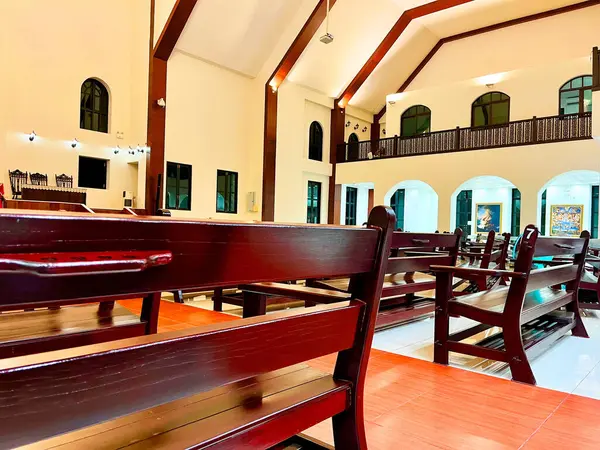 stock image interior of the church, Rows of Church Pews in an Empty Church Sanctuary, Empty old wooden pews in the church, top view, bench without people. Christianity