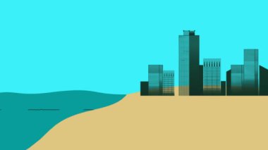 Bir şehri kaplayan tsunami dalgası, doğa felaketi, jeoloji bilimi eğitimi için tsunami, büyük bir tsunami dalgası şehre çarpıyor, binaları ve sokakları ezici bir güçle yutuyor.