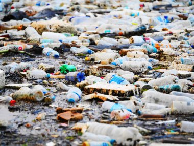 Çevreyi, kirliliği, plastik kirliliğini ve ekosistemler üzerindeki zararlı etkilerini kirleten atıkları ve atıkları içeren doğadaki plastik kirliliğinin etkili bir görüntüsü