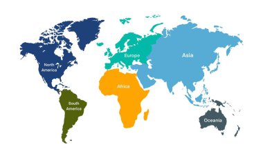 Kuzey Amerika, Güney Amerika, Avrupa, Afrika, Asya ve Okyanusya için açık etiketlerle kıtaları gösteren dünya haritası, eğitim ve görsel olarak meşgul edici harita coğrafya dersleri için idealdir