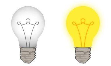 Illustration of two light bulbs, one off, one illuminated. The left bulb is unlit, indicating no electrical current, while the right bulb is glowing brightly, representing an active electrical circuit clipart