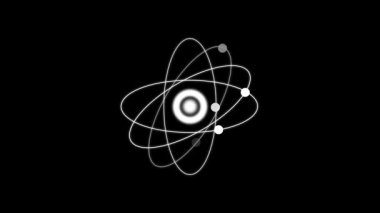 Siyah zemin üzerinde çoklu atomik yapılar, parlayan beyaz yörüngeler, elektronlar, nükleer enerjiyi, kuantum mekaniğini, bilimsel bilimi simgeleyen biçimlendirilmiş bir atom modelini temsil eder.