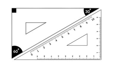 Çeşitli açı ve ölçümlerle işaretlenmiş kare, eğitici, kare üçgen, beyaz bir arkaplan, bilim ve eğitim üzerine izole edilmiş, okul için ayarlanmış, geometri matematiği