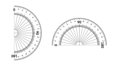 Geometrideki açıları ölçen açıölçer, biri dikey ve diğeri yatay olarak, ikisi de 0 'dan 180 dereceye kadar detaylı çizgiler ve sayılarla, eğitimsel, matematik, bilim