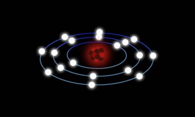 Çekirdeğin yörüngesinde dönen elektronları, parlayan elektron yollarıyla parlayan kırmızı çekirdek, atomik yapı ve atomaltı parçacıkları, bilim, kimya ve fizik kavramlarıyla Bohr modelini gösteren atomik model.