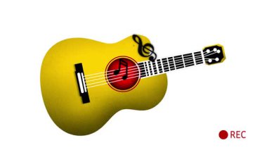 Akustik gitar beyaza izole edilmiş, parlak sarı akustik gitar, kırmızı ses deliği ve siyah fretboard. Müzik eğitimi, sanat projeleri ve yaratıcı tasarım için ideal