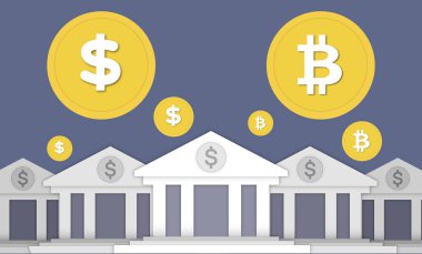 Geleneksel finansman kriptoya karşı, çeşitli biçimlendirilmiş bina cepheleri, bankalara, finans kurumlarına benzeyen, dolar işaretleri, geleneksel finans ve kripto para birimleri arasındaki etkileşim